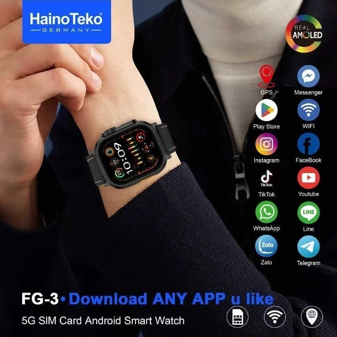 HainoTeko FG-3 – Smartwatch Android 5G avec Carte SIM, Écran AMOLED & Caméra Rotative