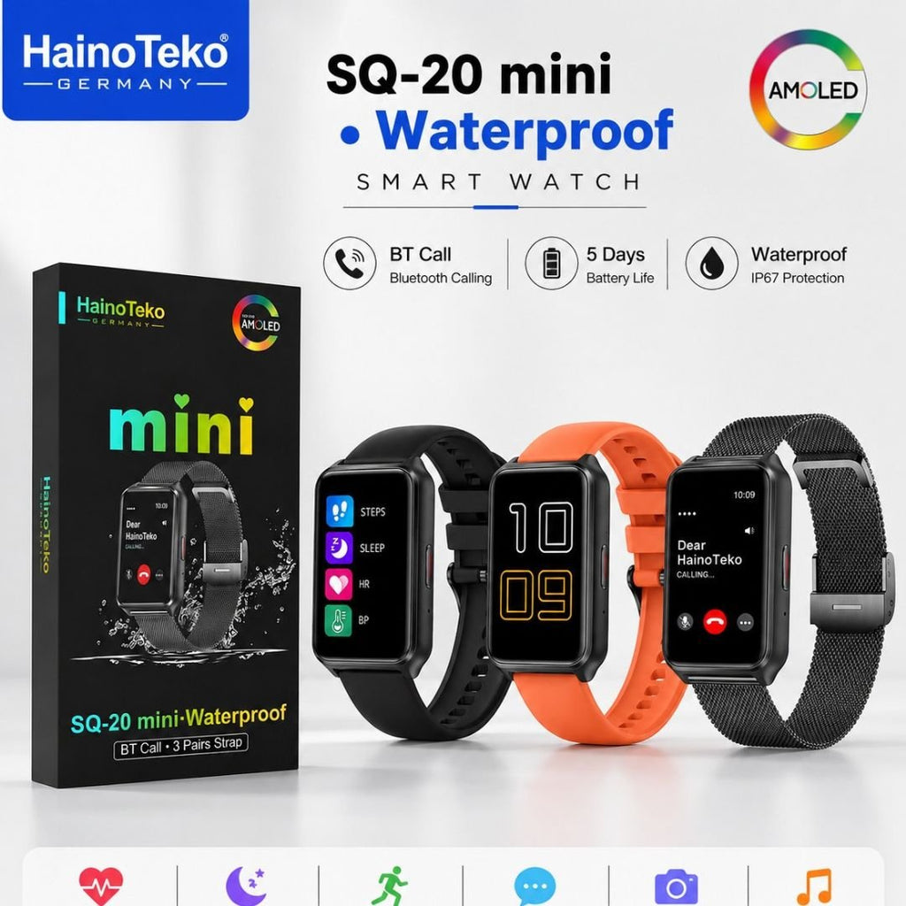 HainoTeko SQ-20 Mini – Smart Watch Étanche AMOLED avec Appels Bluetooth & 3 Bracelets