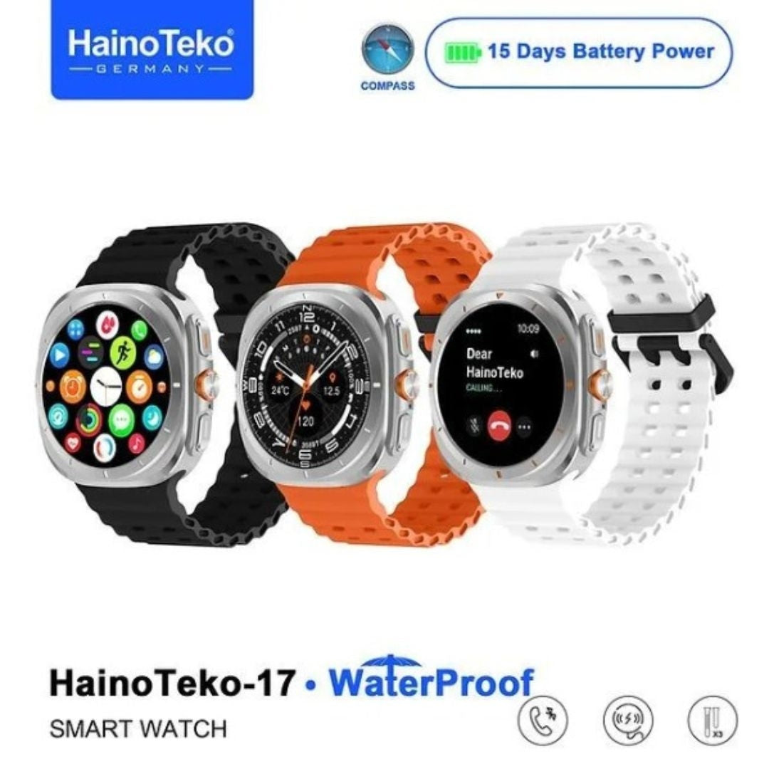 HainoTeko-17 Ultra AMOLED Smartwatch Waterproof – Bluetooth Calling, Boussole Intégrée, Autonomie 15 Jours & 3 Bracelets Inclus
