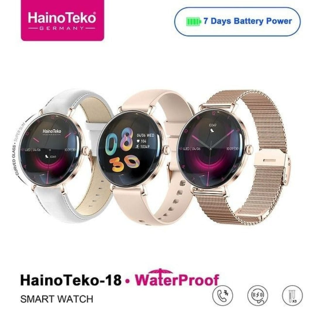 HainoTeko-18 Waterproof- Smartwatch Femme AMOLED HD avec 3 Bracelets Inclus – Autonomie 7 Jours