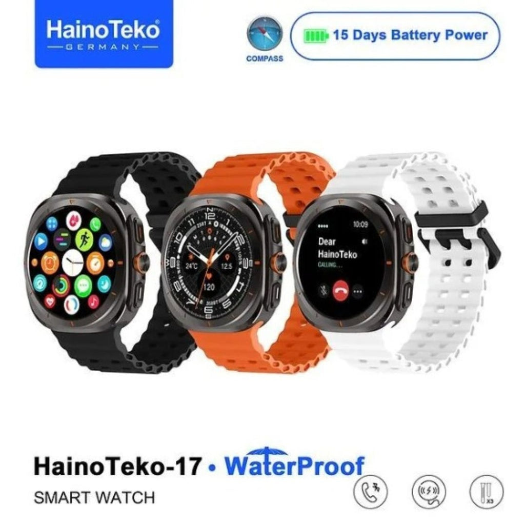 HainoTeko-17 Ultra AMOLED Smartwatch Waterproof – Bluetooth Calling, Boussole Intégrée, Autonomie 15 Jours & 3 Bracelets Inclus