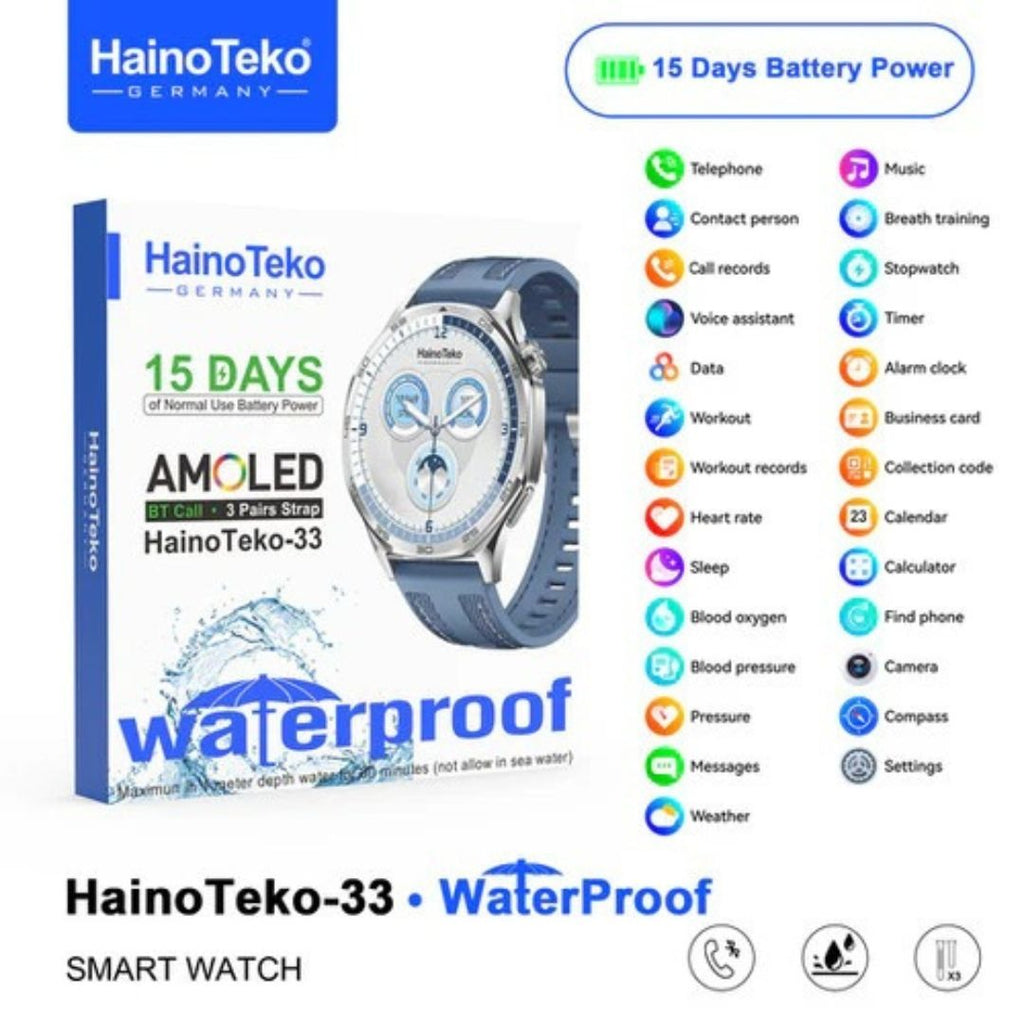 HainoTeko-33 – Smartwatch AMOLED  avec Appels Bluetooth et  15 Jours d’Autonomie