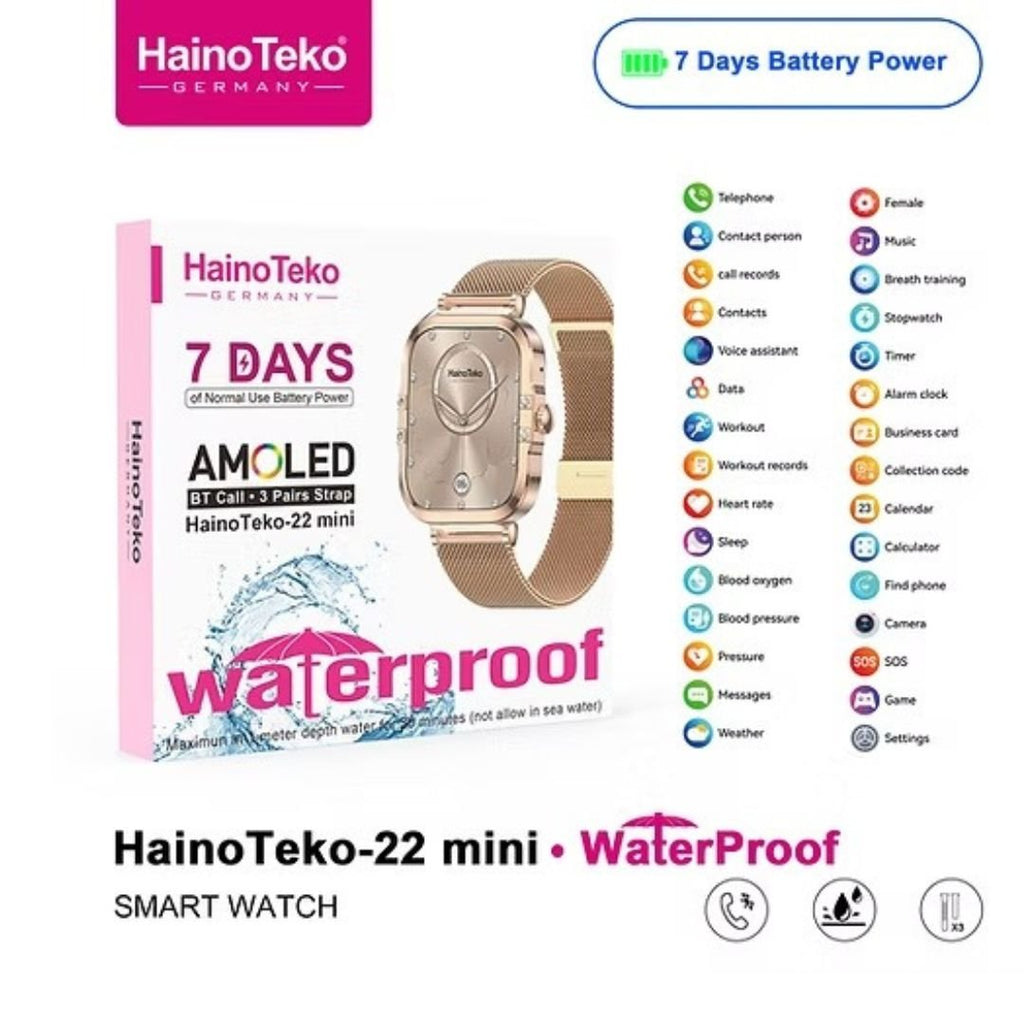 HainoTeko-22 Mini- Smartwatch AMOLED  Waterproof pour Femme – Gold avec  3 Bracelets Inclus