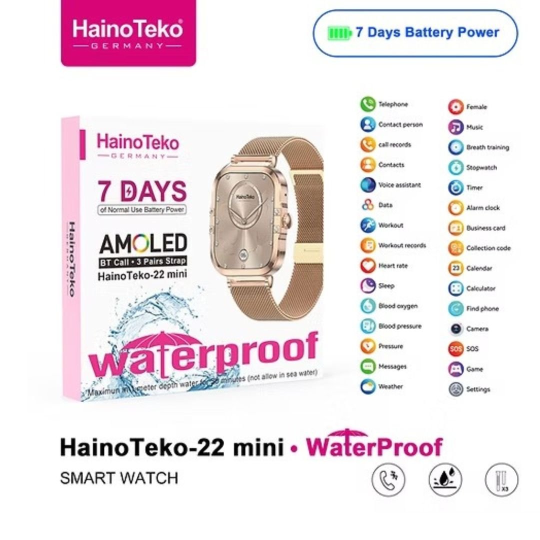 HainoTeko-22 Mini- Smartwatch AMOLED  Waterproof pour Femme – Gold avec  3 Bracelets Inclus