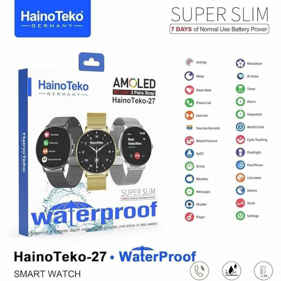 HainoTeko-27 -Smartwatch AMOLED Ultra Slim pour Homme –  Waterproof avec 3 Bracelets