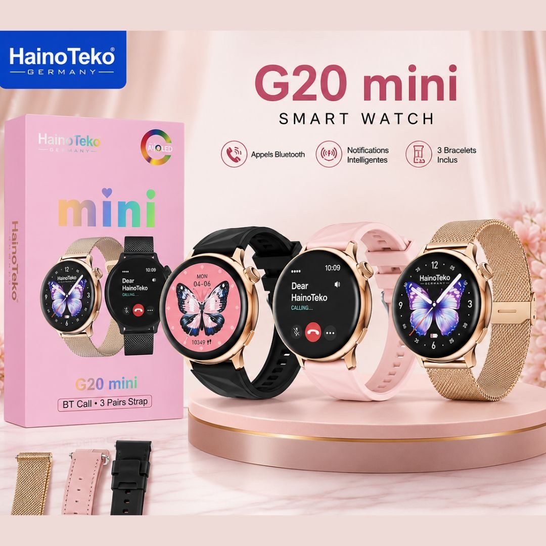 G20 Mini – Montre Connectée Femme AMOLED avec Appels Bluetooth & 3 Bracelets Inclus