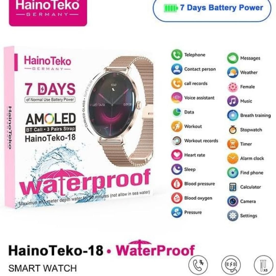 HainoTeko-18 Waterproof- Smartwatch Femme AMOLED HD avec 3 Bracelets Inclus – Autonomie 7 Jours