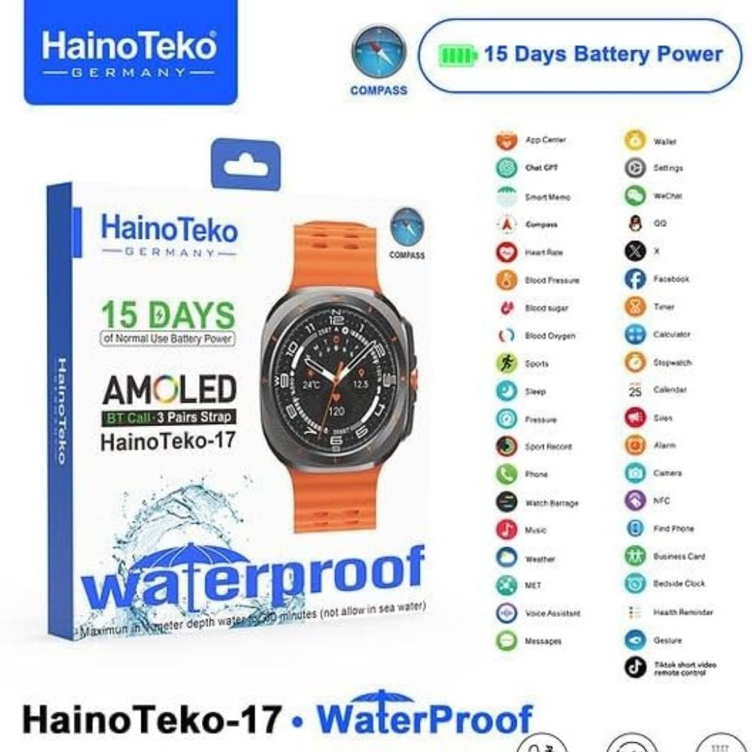HainoTeko-17 Ultra AMOLED Smartwatch Waterproof – Bluetooth Calling, Boussole Intégrée, Autonomie 15 Jours & 3 Bracelets Inclus