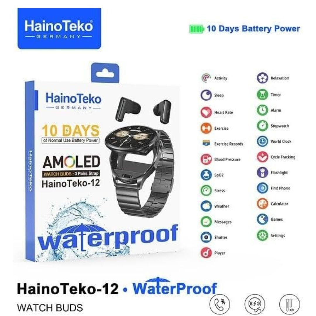 HainoTeko-12 Watch Buds- Smartwatch AMOLED HD – Écouteurs TWS Intégrés, Bluetooth Calling avec 3 Bracelets Inclus