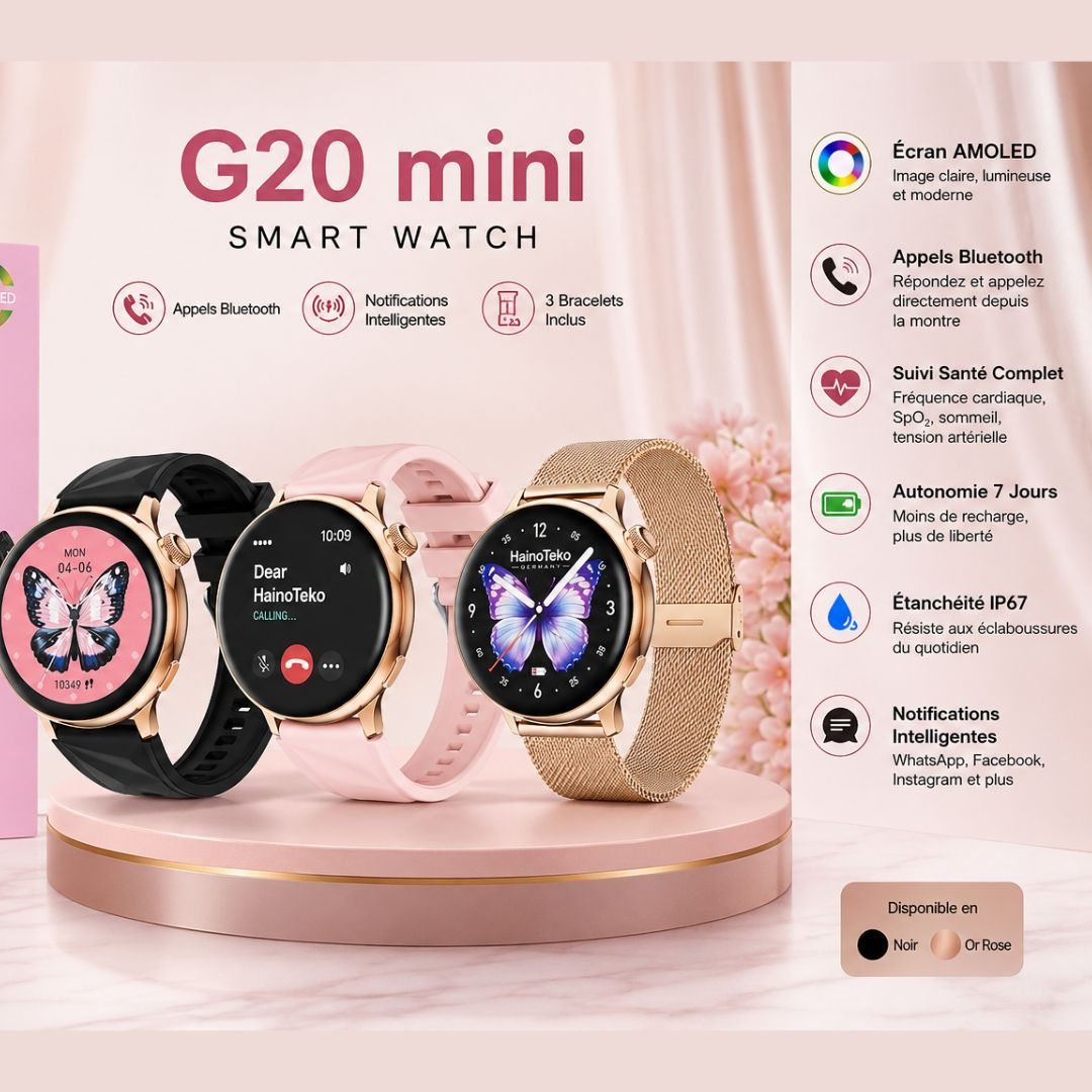 G20 Mini – Montre Connectée Femme AMOLED avec Appels Bluetooth & 3 Bracelets Inclus