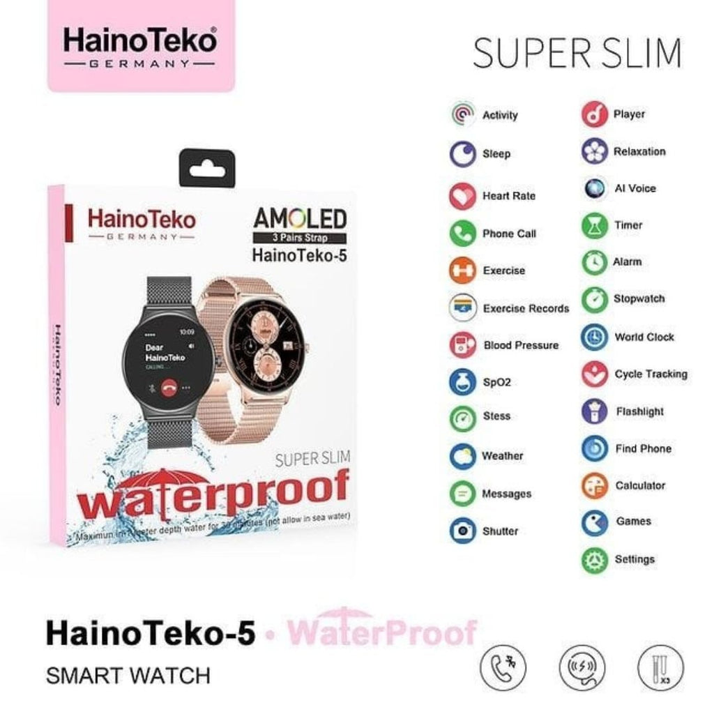 HainoTeko-5 Golden Edition Smartwatch AMOLED Femme –  Waterproof avec 3 Bracelets Inclus