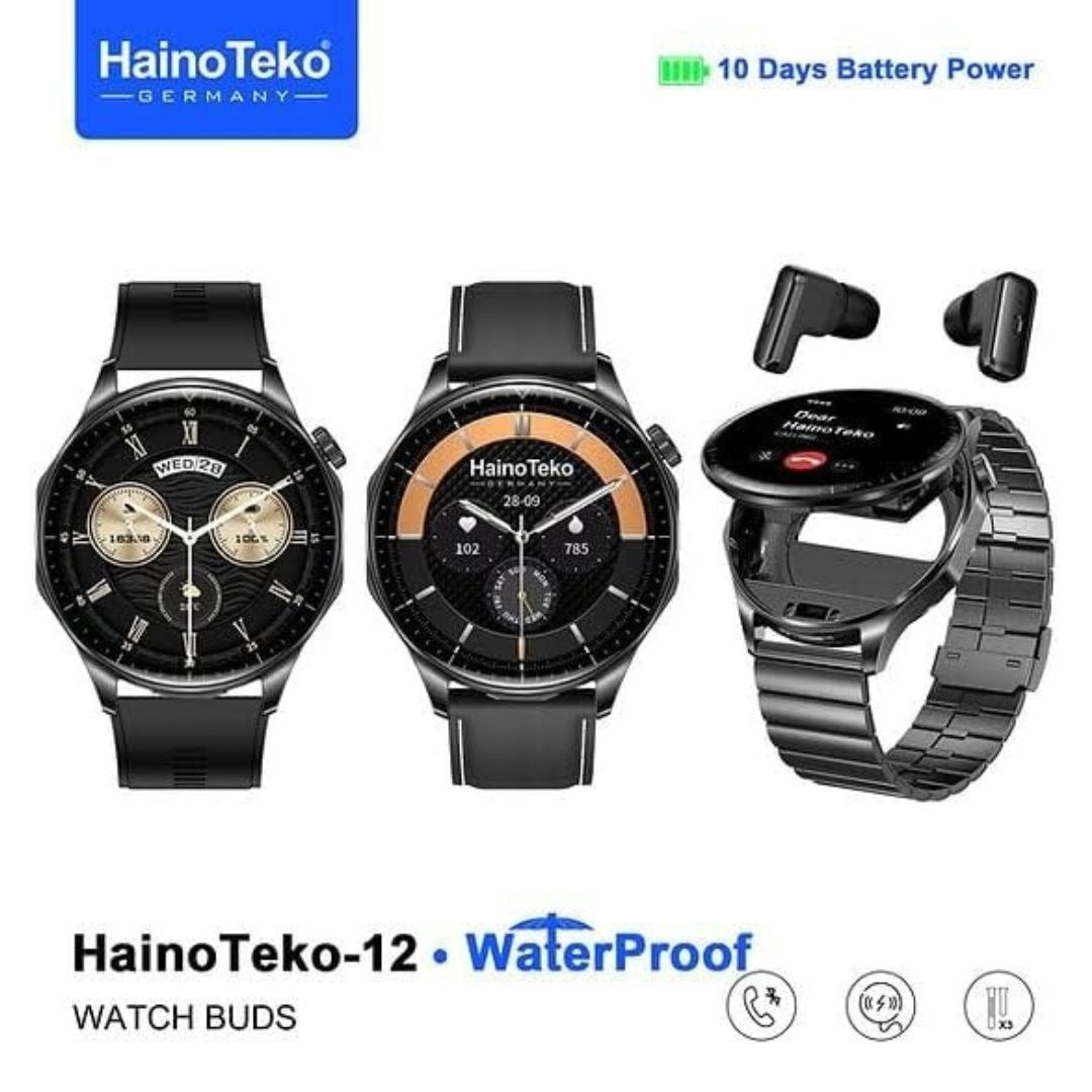 HainoTeko-12 Watch Buds- Smartwatch AMOLED HD – Écouteurs TWS Intégrés, Bluetooth Calling avec 3 Bracelets Inclus