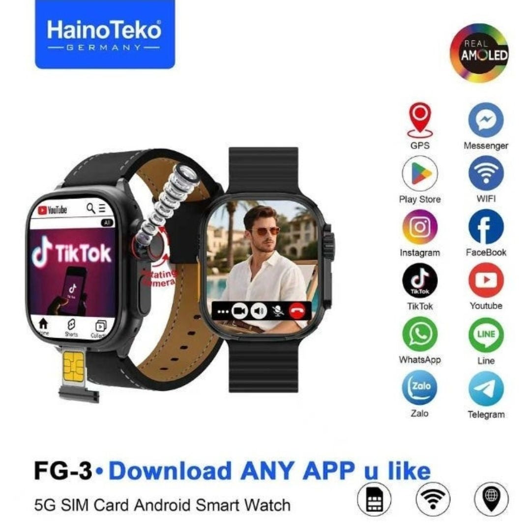 HainoTeko FG-3 – Smartwatch Android 5G avec Carte SIM, Écran AMOLED & Caméra Rotative
