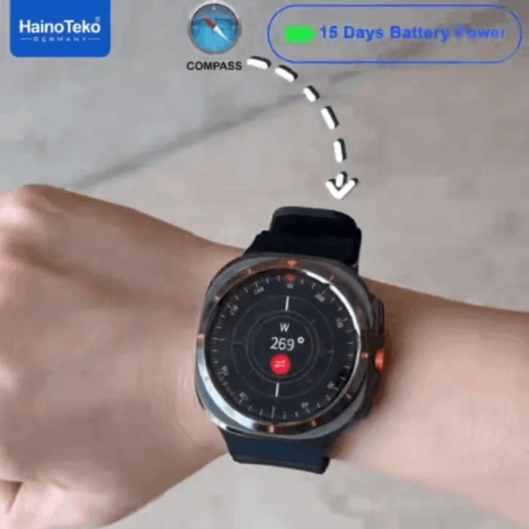 HainoTeko-17 Ultra AMOLED Smartwatch Waterproof – Bluetooth Calling, Boussole Intégrée, Autonomie 15 Jours & 3 Bracelets Inclus