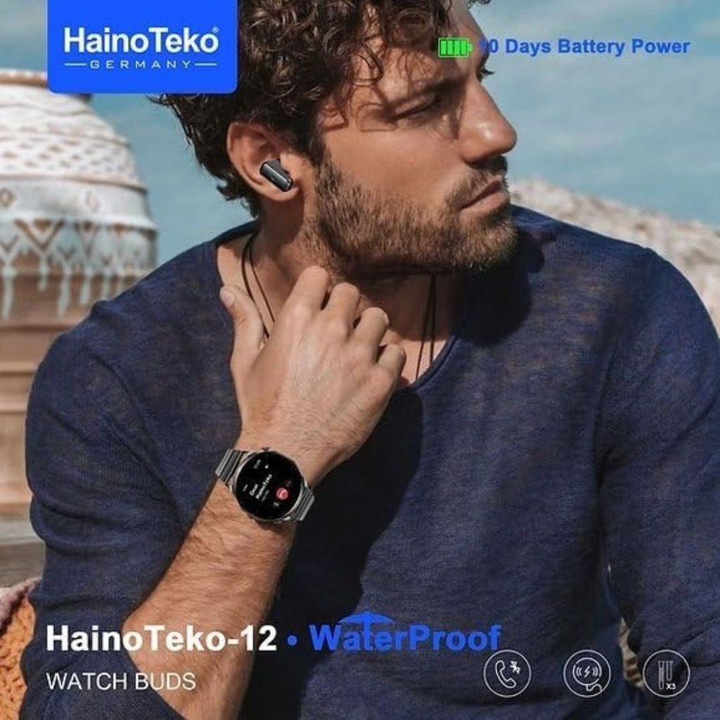 HainoTeko-12 Watch Buds- Smartwatch AMOLED HD – Écouteurs TWS Intégrés, Bluetooth Calling avec 3 Bracelets Inclus