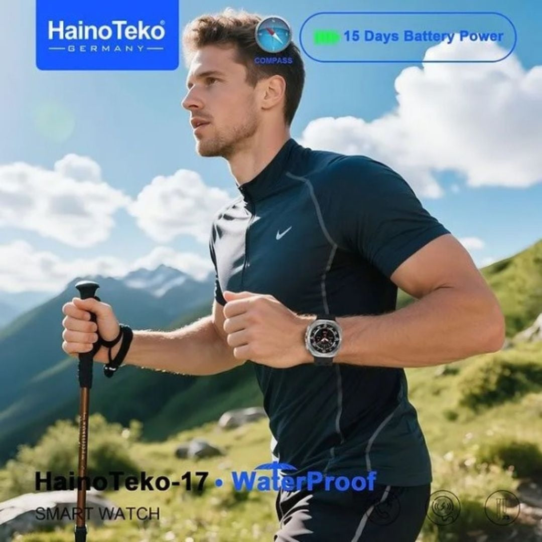 HainoTeko-17 Ultra AMOLED Smartwatch Waterproof – Bluetooth Calling, Boussole Intégrée, Autonomie 15 Jours & 3 Bracelets Inclus