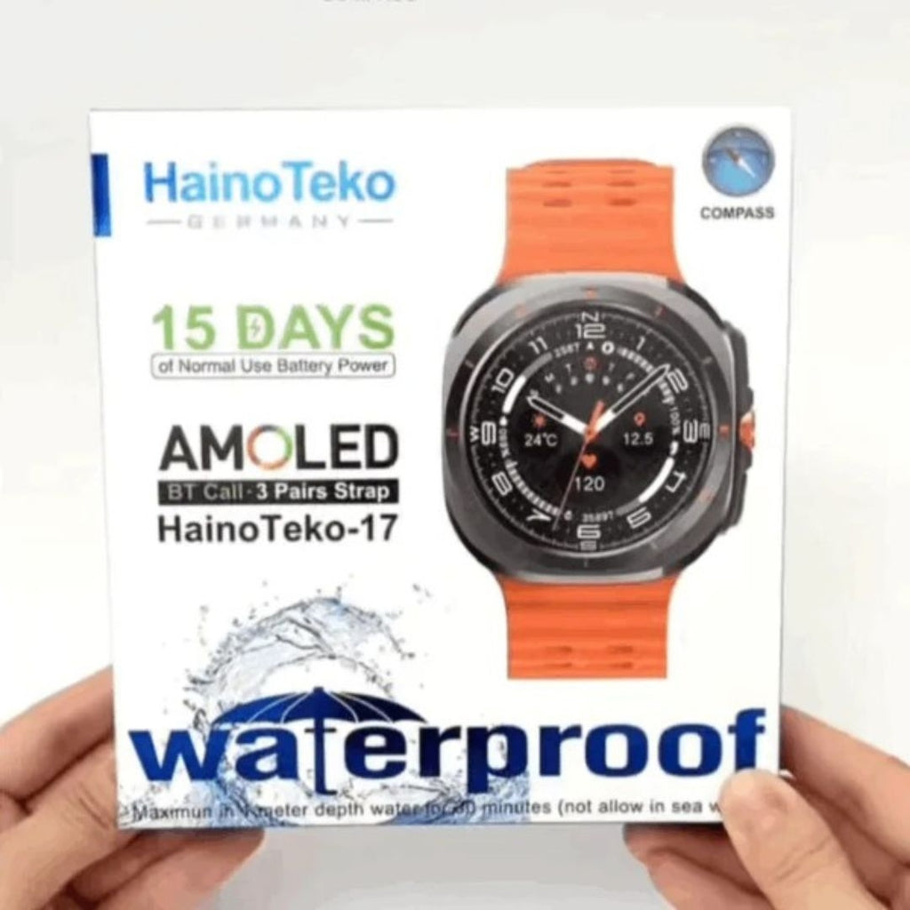 HainoTeko-17 Ultra AMOLED Smartwatch Waterproof – Bluetooth Calling, Boussole Intégrée, Autonomie 15 Jours & 3 Bracelets Inclus