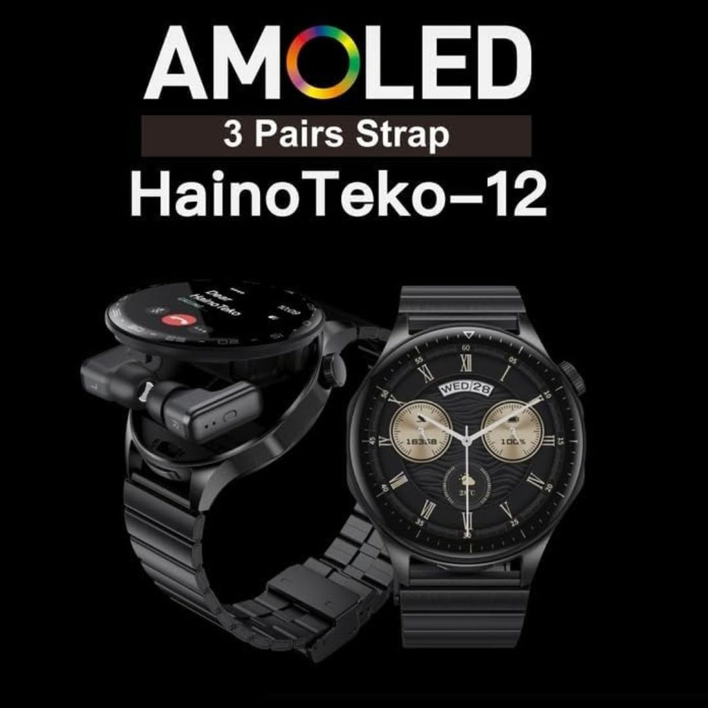 HainoTeko-12 Watch Buds- Smartwatch AMOLED HD – Écouteurs TWS Intégrés, Bluetooth Calling avec 3 Bracelets Inclus