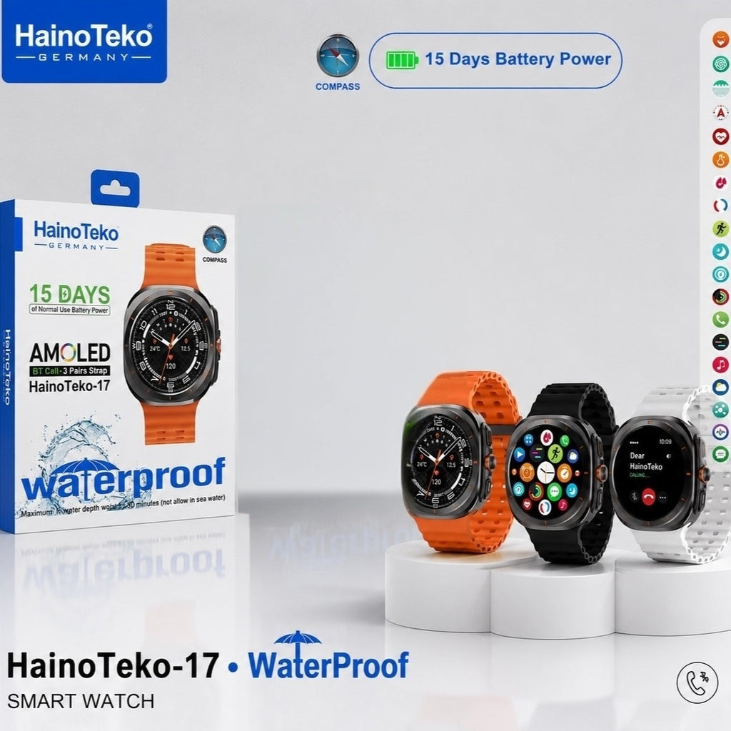 HainoTeko-17 Ultra AMOLED Smartwatch Waterproof – Bluetooth Calling, Boussole Intégrée, Autonomie 15 Jours & 3 Bracelets Inclus