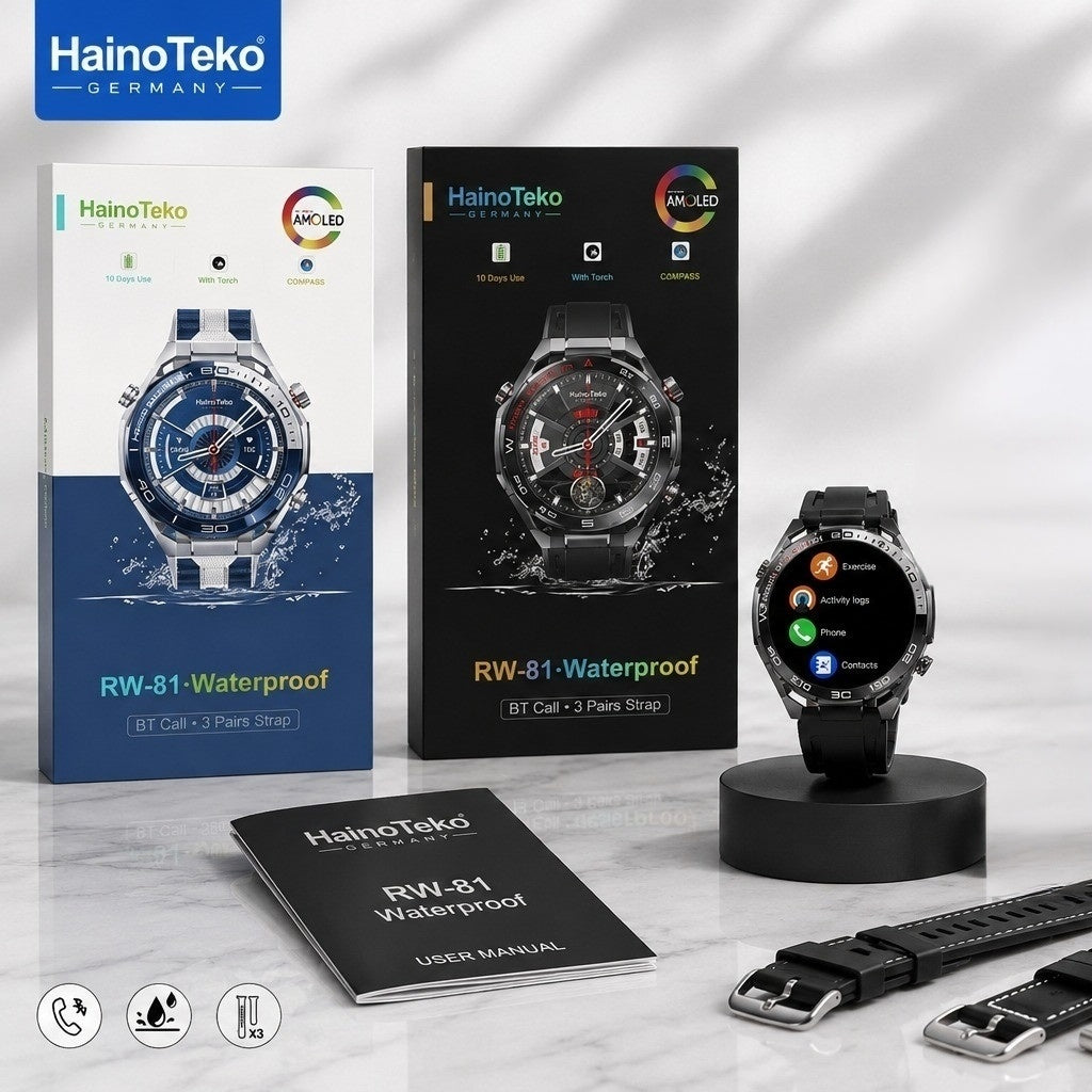 HainoTeko RW-81 Smartwatch AMOLED IPS 1.53” Waterproof – Bluetooth Calling, Lampe Torche et 3 Bracelets Inclus