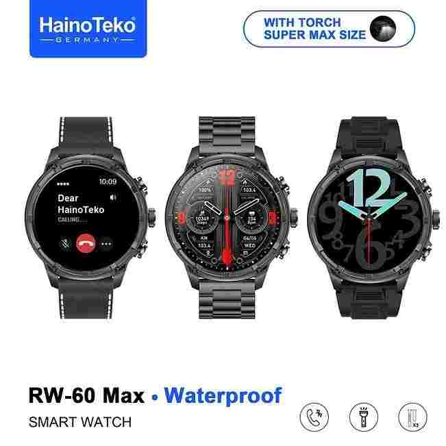 HainoTeko RW-60 Max – Smartwatch AMOLED Grand Écran ,  Lampe Torche , 3 Bracelets