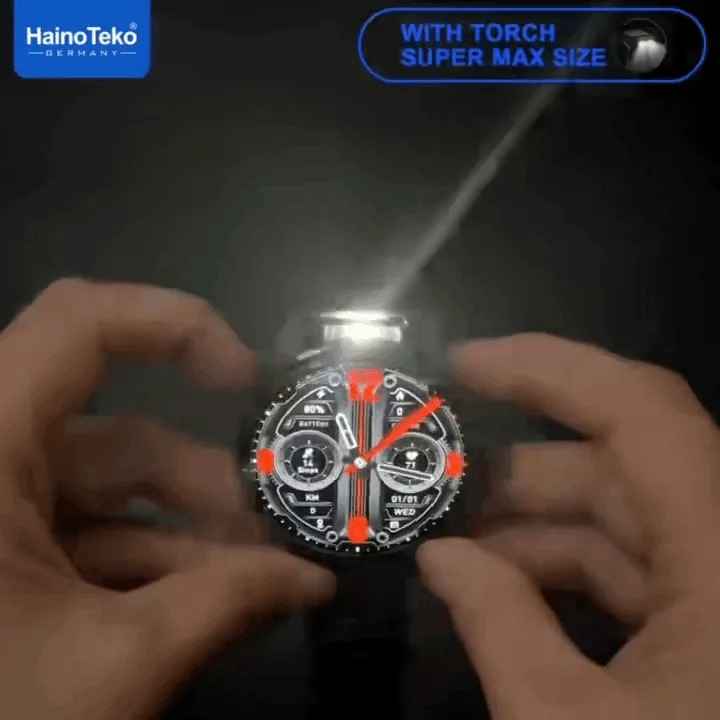 HainoTeko RW-60 Max – Smartwatch AMOLED Grand Écran ,  Lampe Torche , 3 Bracelets
