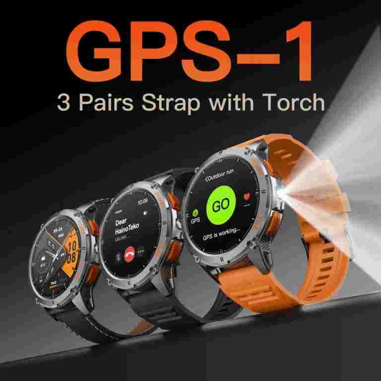 HainoTeko GPS-1 – Smart Watch Sportive AMOLED , GPS Intégré , Lampe Torche , 3 Bracelets