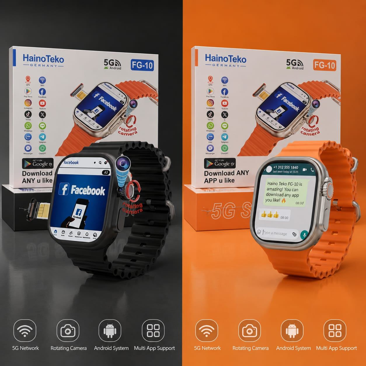 HainoTeko FG-10 – Smartwatch Android 5G avec Écran AMOLED 2,2", Carte SIM, GPS, Wi-Fi & Caméra Rotative 12 MP