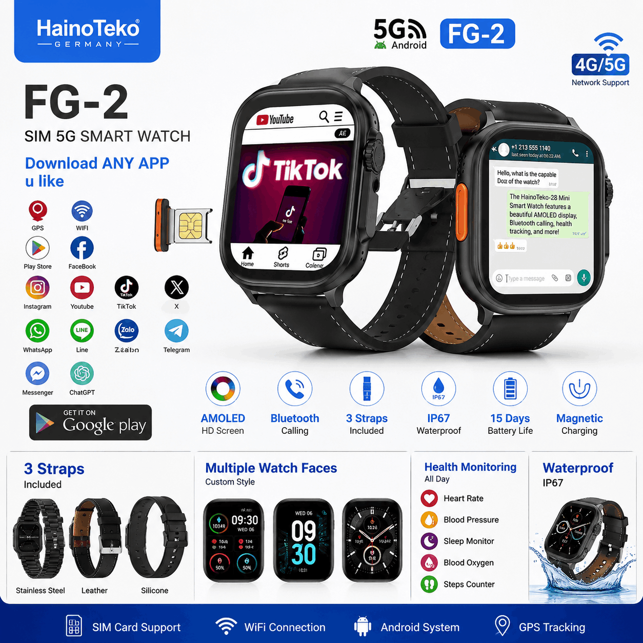 HainoTeko FG-2 – Smartwatch Android 5G avec Double Caméra avec  Carte SIM