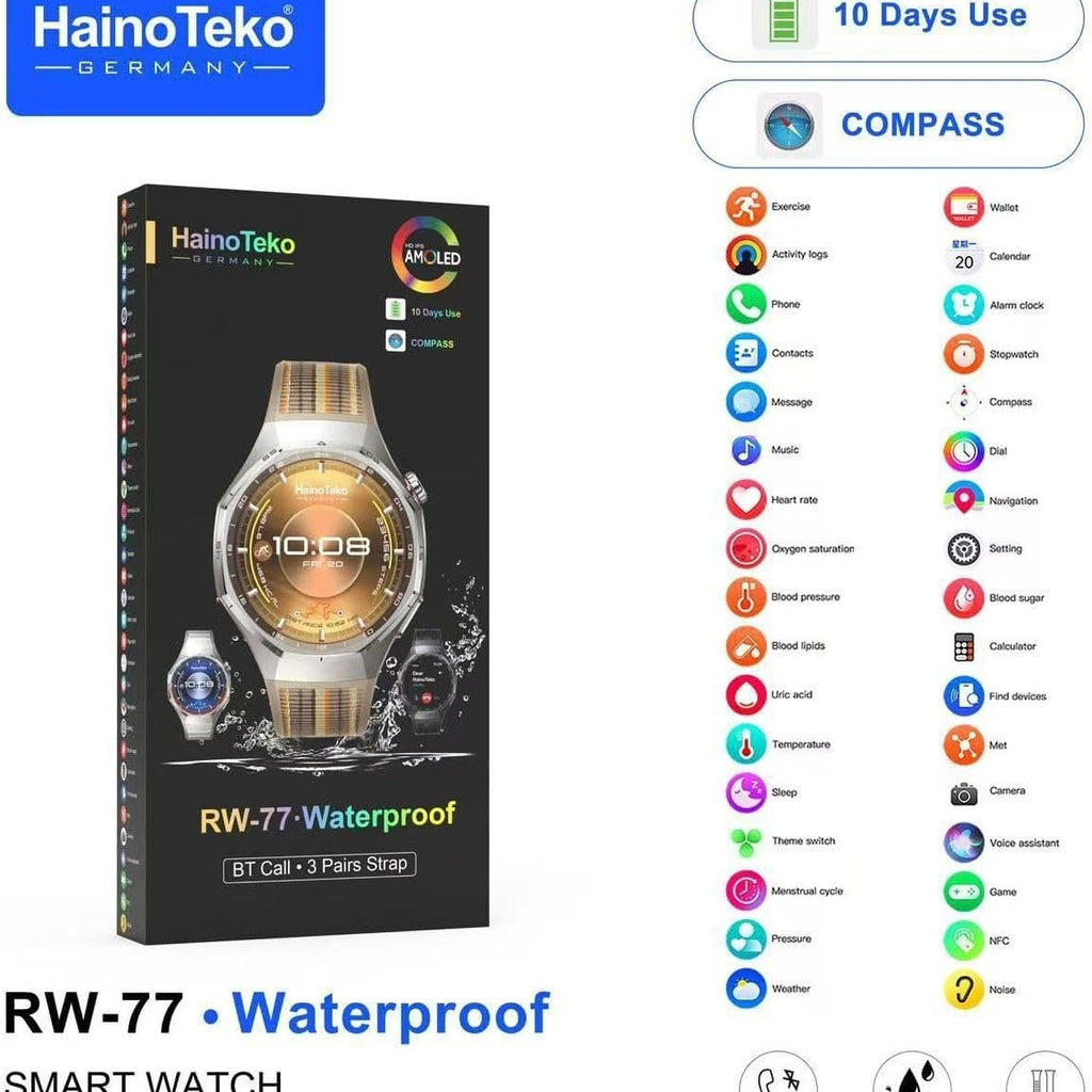 HainoTeko RW-77 Waterproof – Smart Watch Premium avec Appels Bluetooth & 10 Jours d’Autonomie