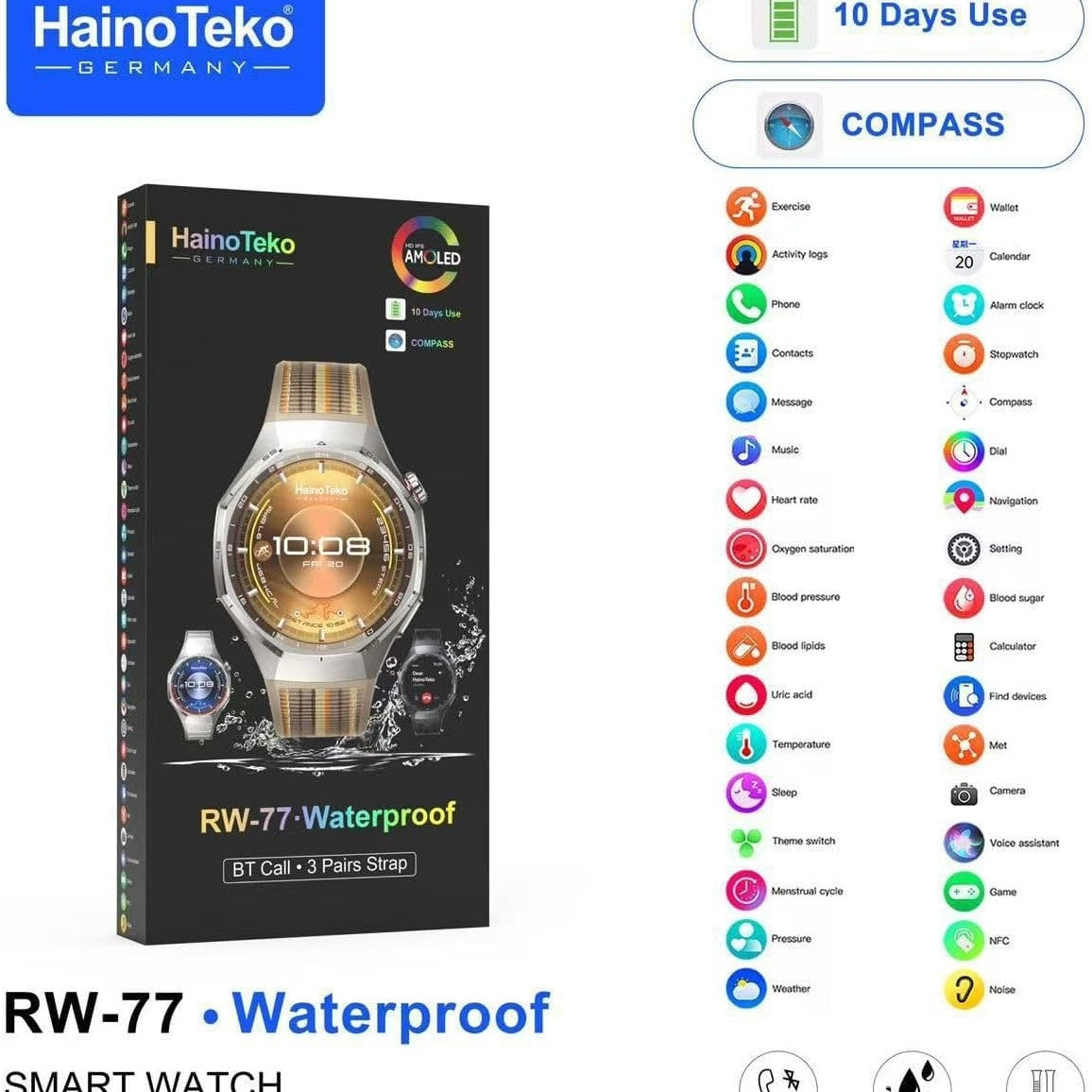 HainoTeko RW-77 Waterproof – Smart Watch Premium avec Appels Bluetooth & 10 Jours d’Autonomie