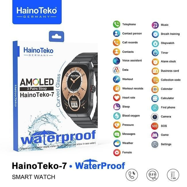 HainoTeko-7 – Smart Watch Étanche avec Écran AMOLED & Verre Courbé