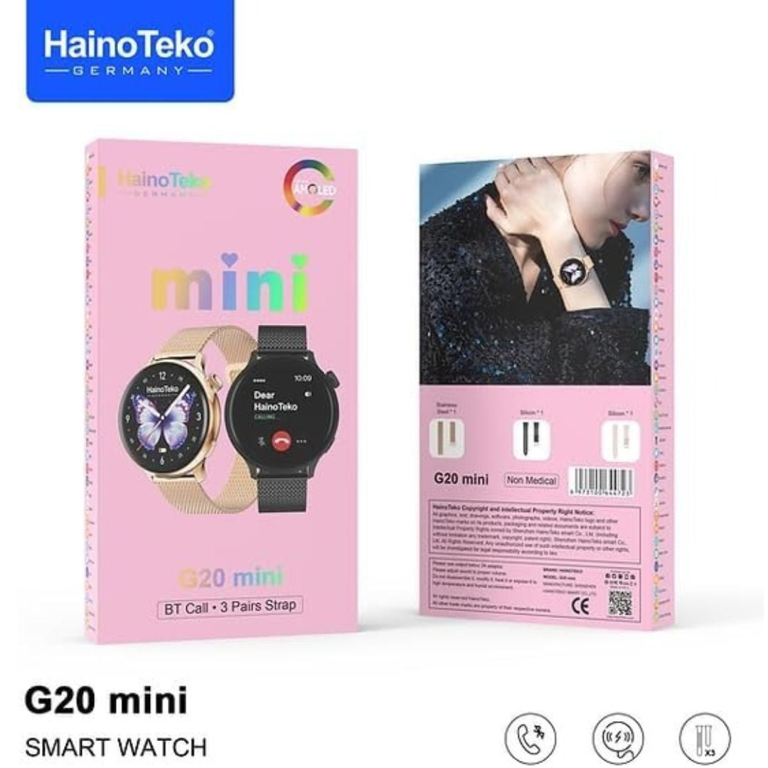 G20 Mini – Montre Connectée Femme AMOLED avec Appels Bluetooth & 3 Bracelets Inclus