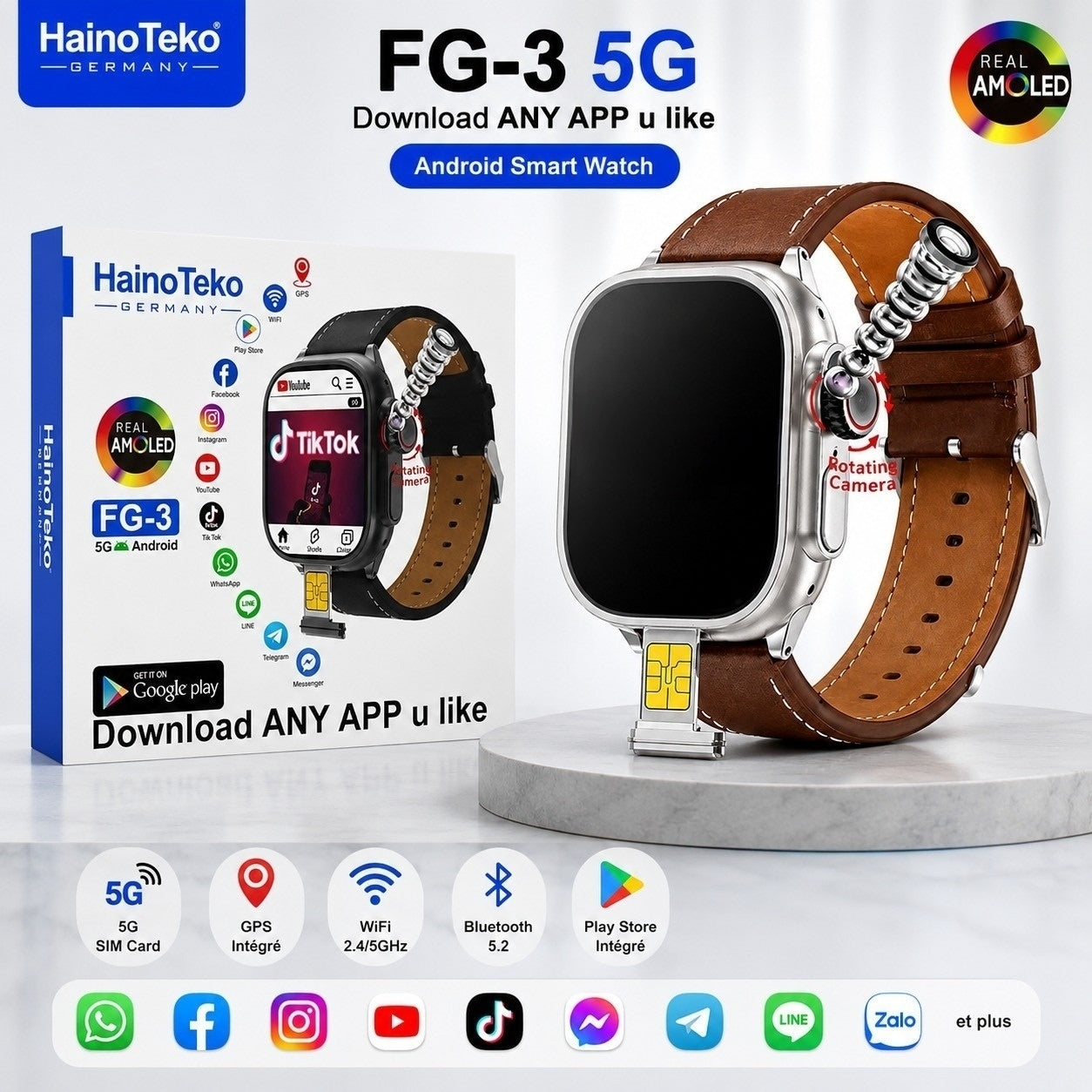 HainoTeko FG-3 – Smartwatch Android 5G avec Carte SIM, Écran  AMOLED & Caméra Rotative
