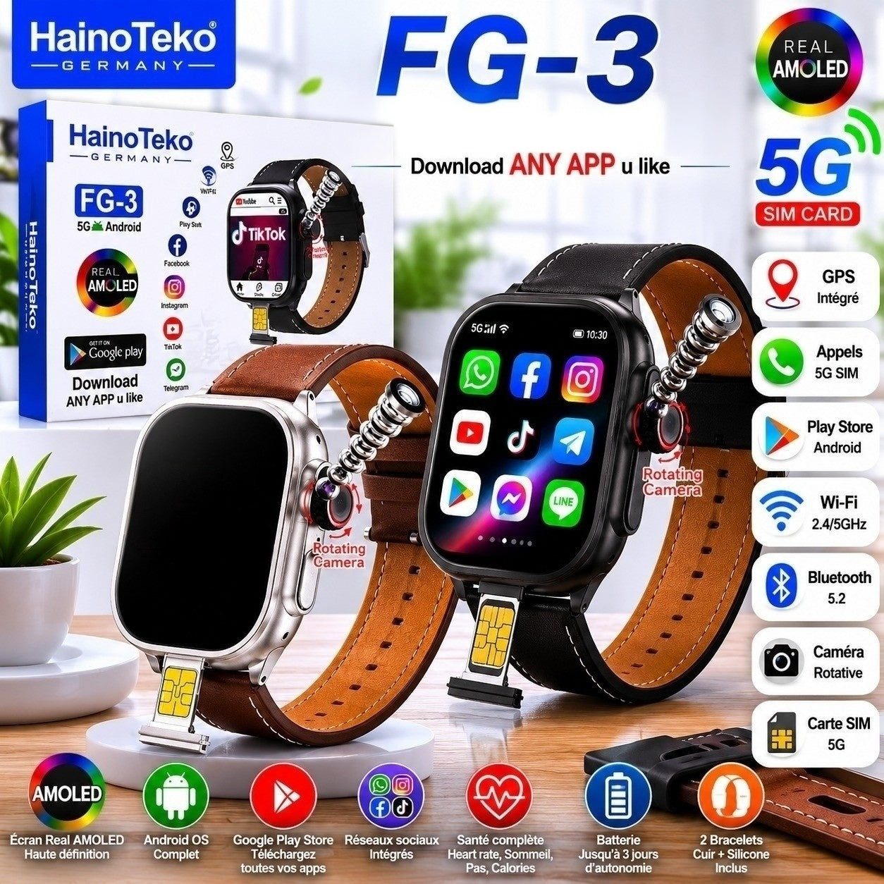 HainoTeko FG-3 – Smartwatch Android 5G avec Carte SIM, Écran  AMOLED & Caméra Rotative
