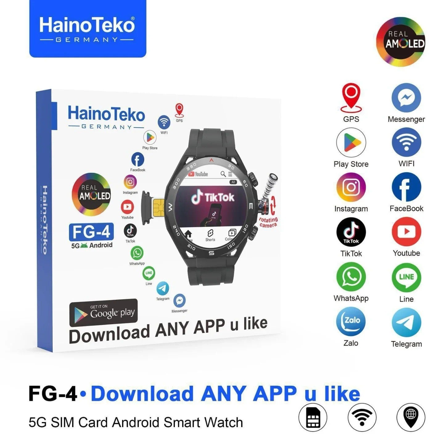 HainoTeko FG-4 - Smartwatch Android 5G – Écran AMOLED, Carte SIM, GPS, Wi-Fi & Caméra Rotative 360°