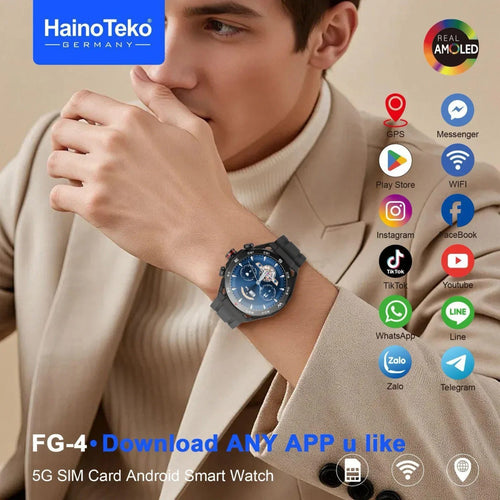 HainoTeko FG-4 - Smartwatch Android 5G – Écran AMOLED, Carte SIM, GPS, Wi-Fi & Caméra Rotative 360°