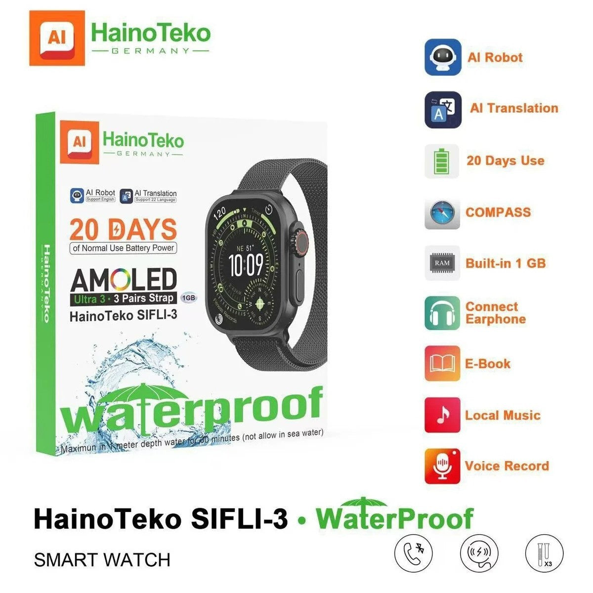Hainoteko SIFLI-3 – SmartWatch AMOLED 2,02"avec Assistant IA, Traduction Multilingue et 3 Bracelets Inclus