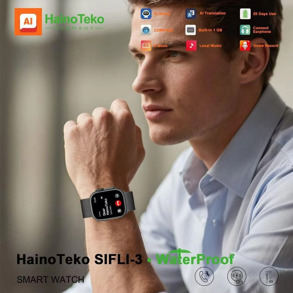Hainoteko SIFLI-3 – SmartWatch AMOLED 2,02"avec Assistant IA, Traduction Multilingue et 3 Bracelets Inclus