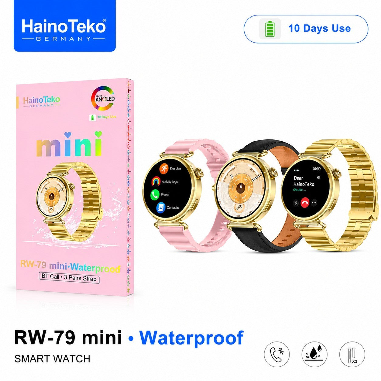 HainoTeko RW-79 Mini – Montre Connectée Femme avec Écran AMOLED et  3 Bracelets