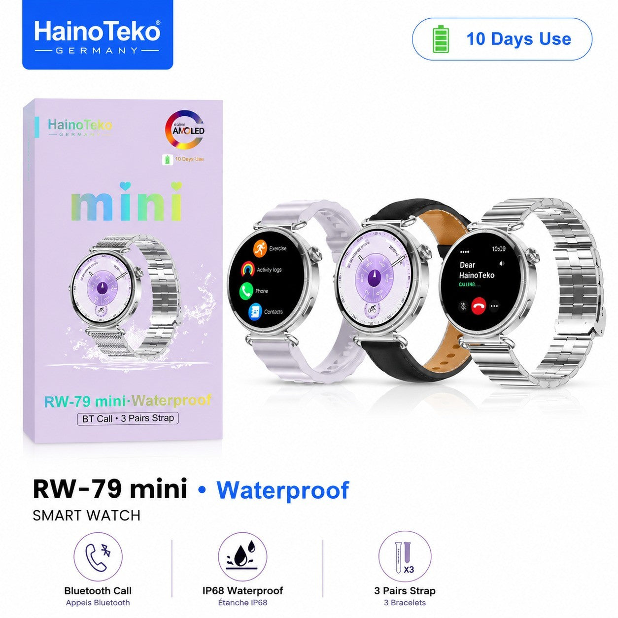HainoTeko RW-79 Mini – Montre Connectée Femme avec Écran AMOLED et  3 Bracelets