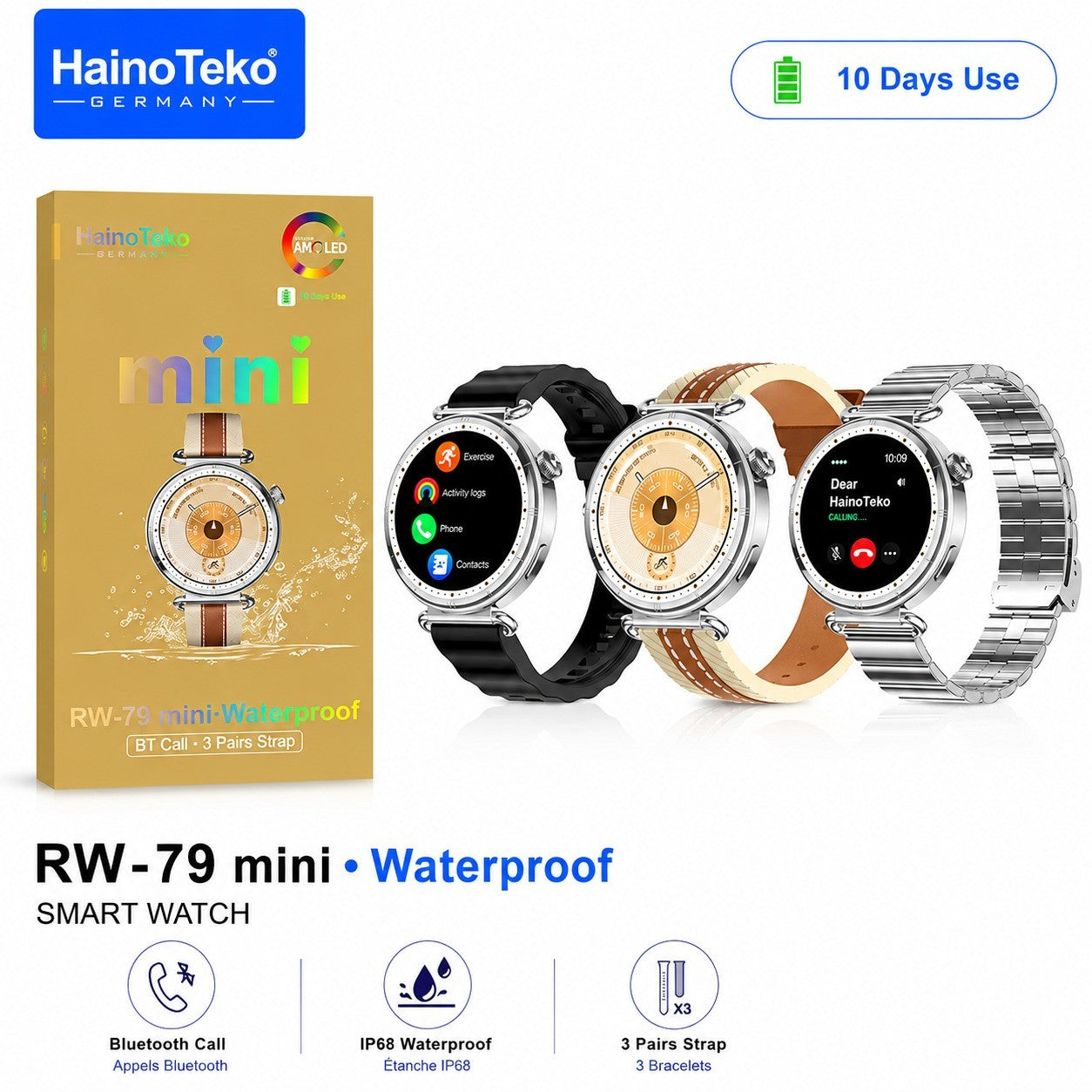 HainoTeko RW-79 Mini – Montre Connectée Femme avec Écran AMOLED et  3 Bracelets