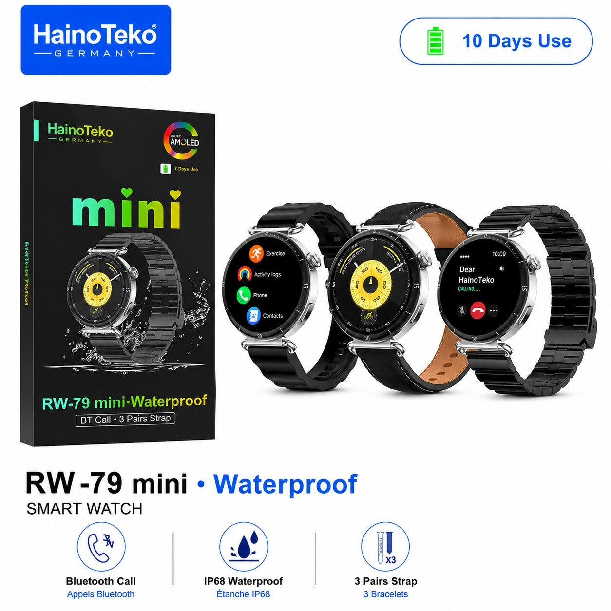 HainoTeko RW-79 Mini – Montre Connectée Femme avec Écran AMOLED et  3 Bracelets