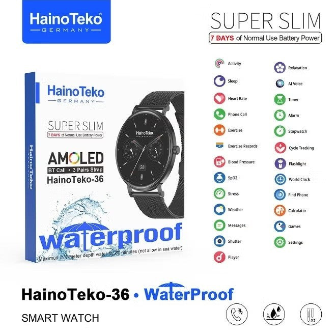 HainoTeko-36 Super Slim – Montre Connectée AMOLED avec 7j d'Autonomie