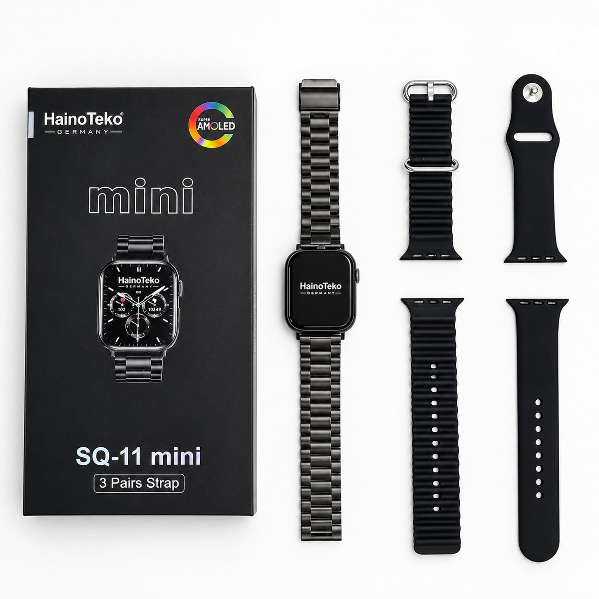 HainoTeko SQ11 Mini – Smartwatch AMOLED avec Appels Bluetooth & 3 Bracelets