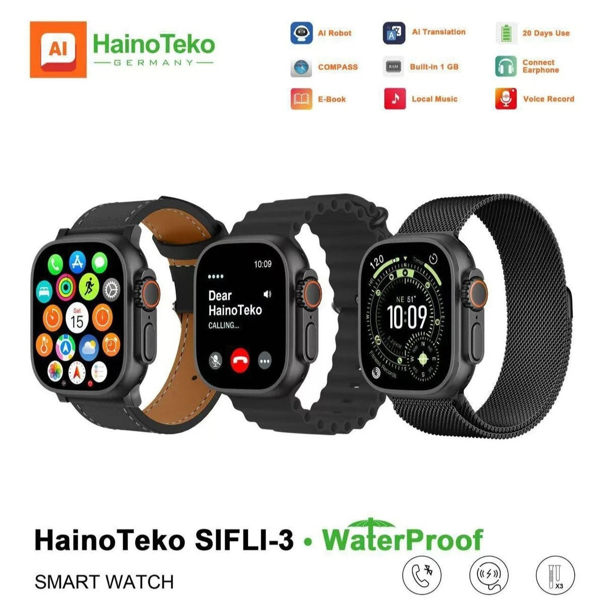 Hainoteko SIFLI-3 – SmartWatch AMOLED 2,02"avec Assistant IA, Traduction Multilingue et 3 Bracelets Inclus