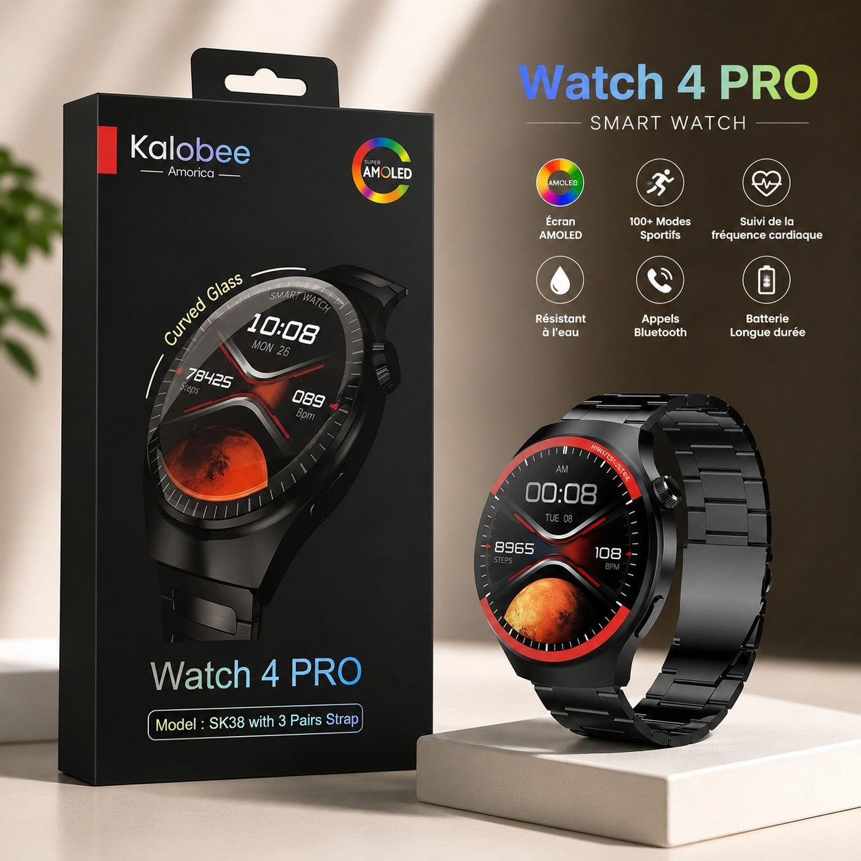 KALOBEE SK38 Watch 4 Pro – Smartwatch AMOLED Incurvé avec 3 Bracelets