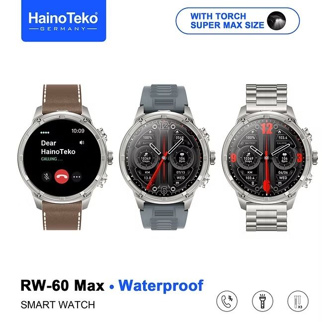 HainoTeko RW-60 Max – Smartwatch AMOLED Grand Écran, Lampe Torche, 3 Bracelets