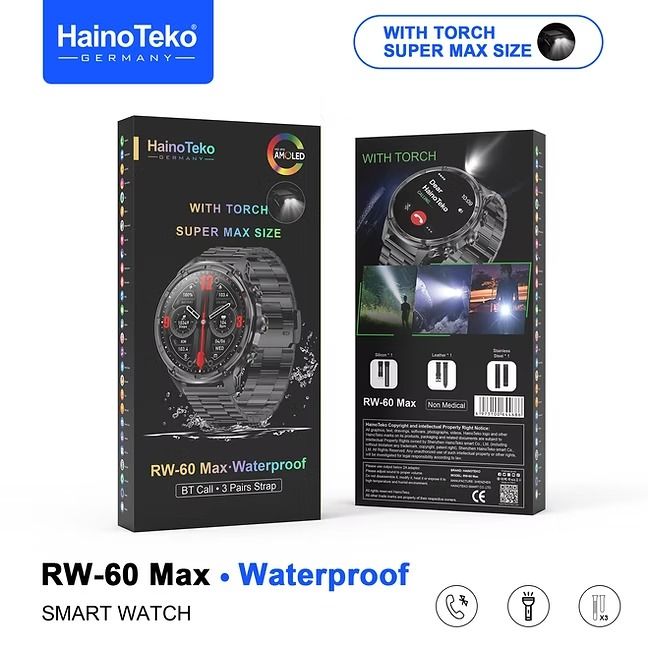 HainoTeko RW-60 Max – Smartwatch AMOLED Grand Écran, Lampe Torche, 3 Bracelets