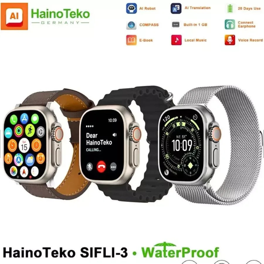 Hainoteko SIFLI-3 – SmartWatch AMOLED 2,02"avec Assistant IA, Traduction Multilingue et 3 Bracelets Inclus